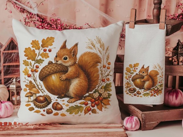 CapableByDesign autumn squirrel throw pillow and matching towel