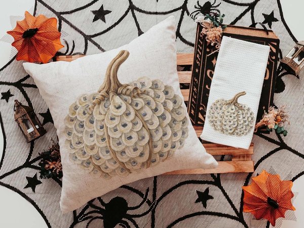 CapableByDesign Oyster shell pumpkin throw pillows and towels