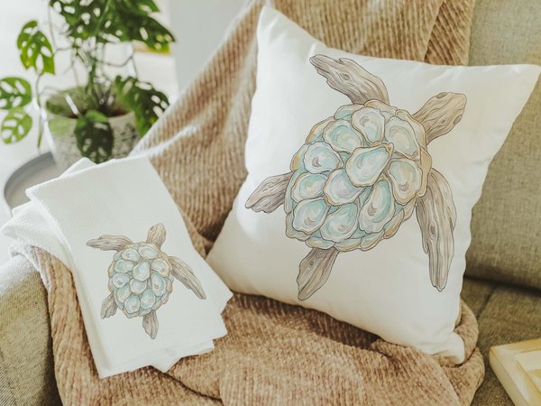 CapableByDesign oyster sea turtle throw pillows and matching towels