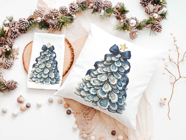 CapableByDesign oyster shell Christmas tree with navy bow pillows and matching towels
