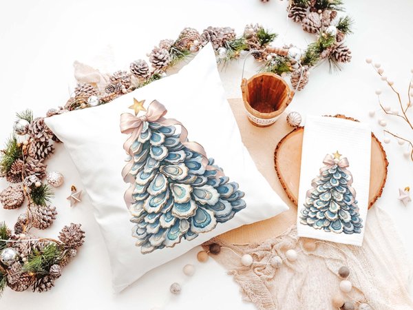 CapableByDesign oyster shell Christmas tree with pink bow pillows and matching towels