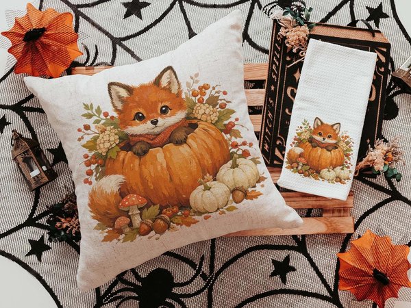 CapableByDesign woodland fox pumpkin pillow and matching towel